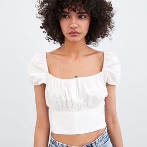 Zara White puff sleeve poplin crop shirt